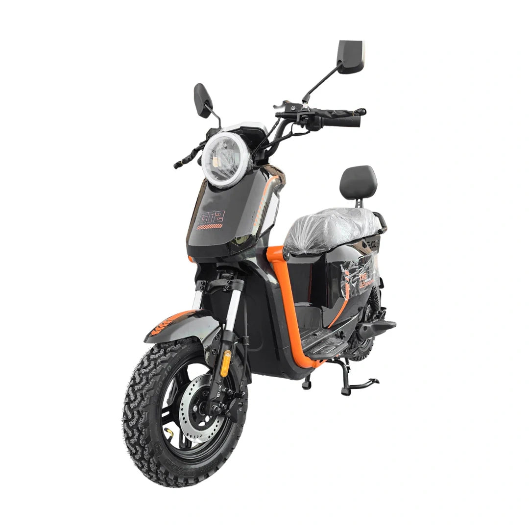 Black and orange electric scooter on a white background