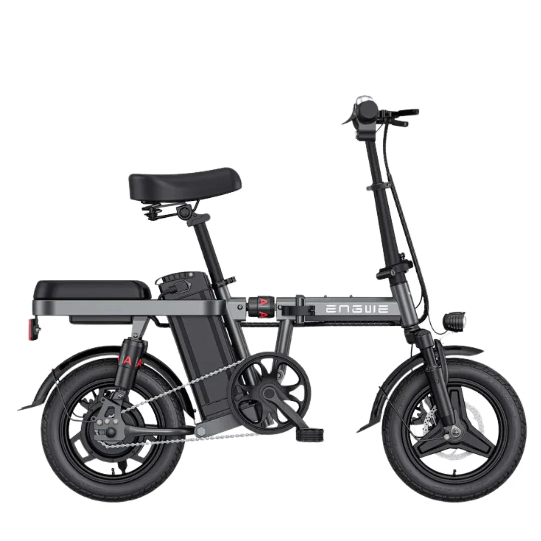 Foldable electric bike with a black seat on a white background