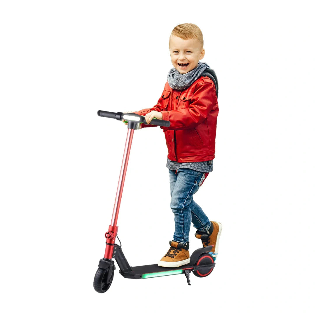 Child in red jacket riding a scooter on a white background