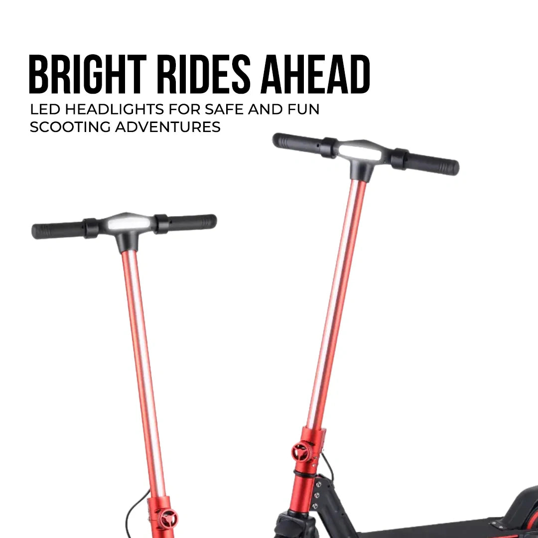 Two scooters with red headlights on a white background, featuring text about LED headlights for safe and fun scooting adventures.
