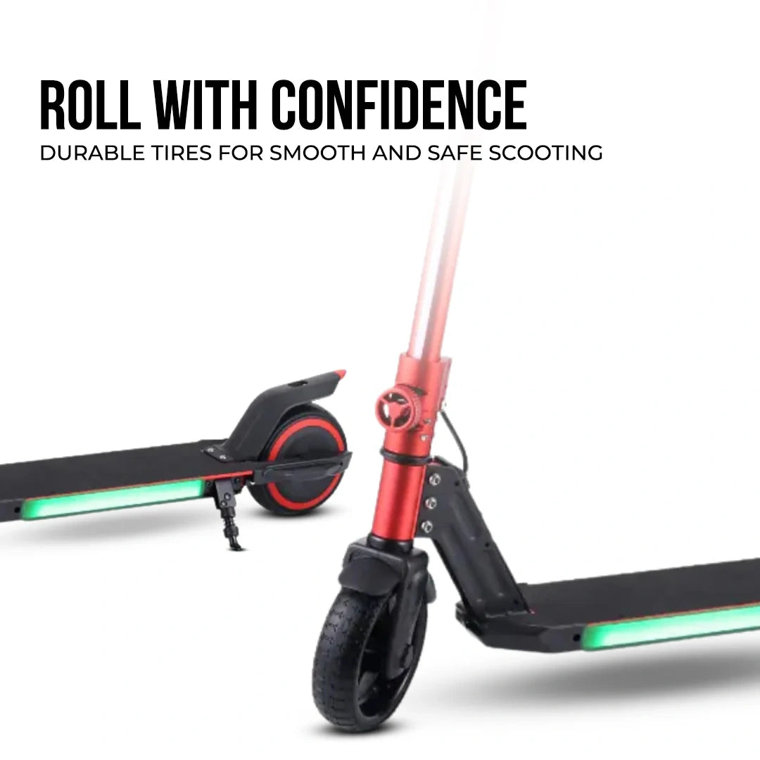 Red and black electric scooter with glowing wheels on a white background, featuring text about durable tires.