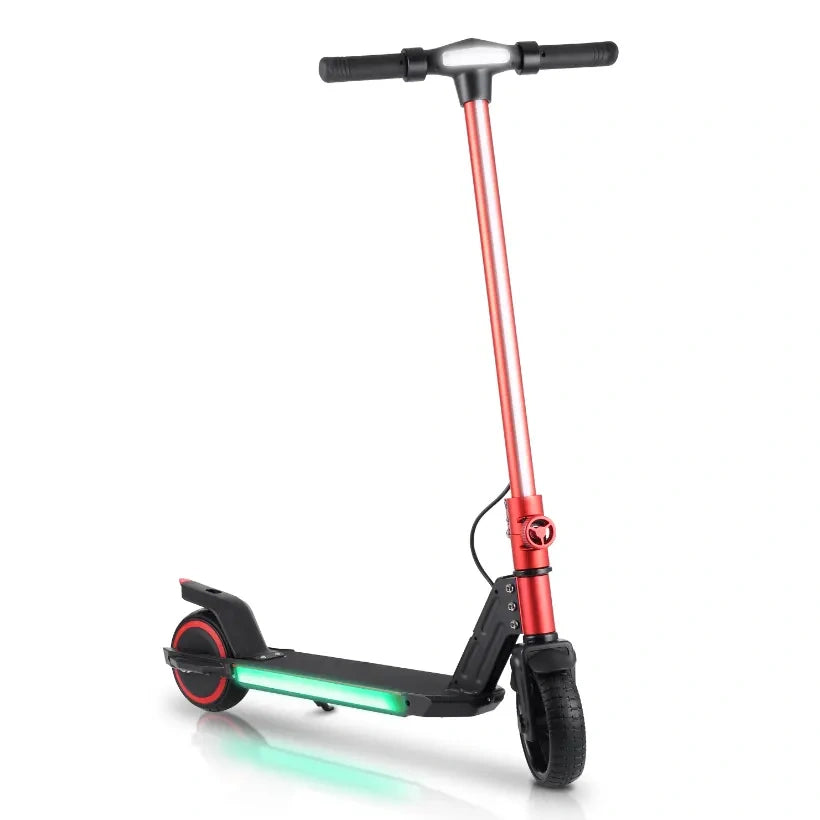 Red electric scooter with glowing green lights on a white background