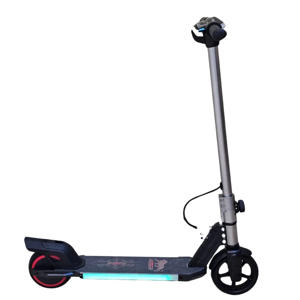 Foldable scooter with a black deck and red accents on a white background