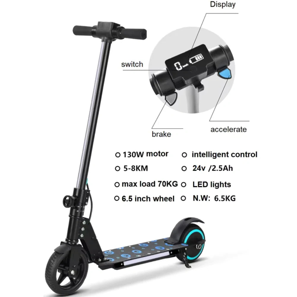 Electric scooter with features labeled on a white background