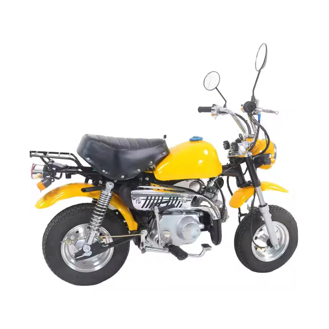 Yellow and black mini motorcycle on a white background