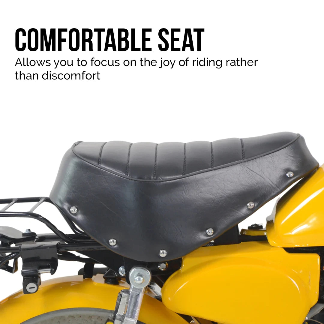 Motorcycle seat with text highlighting comfort and riding experience