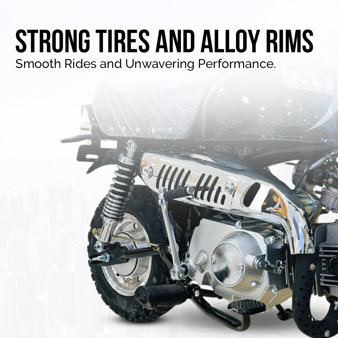 Motorcycle with strong tires and alloy rims on a white background