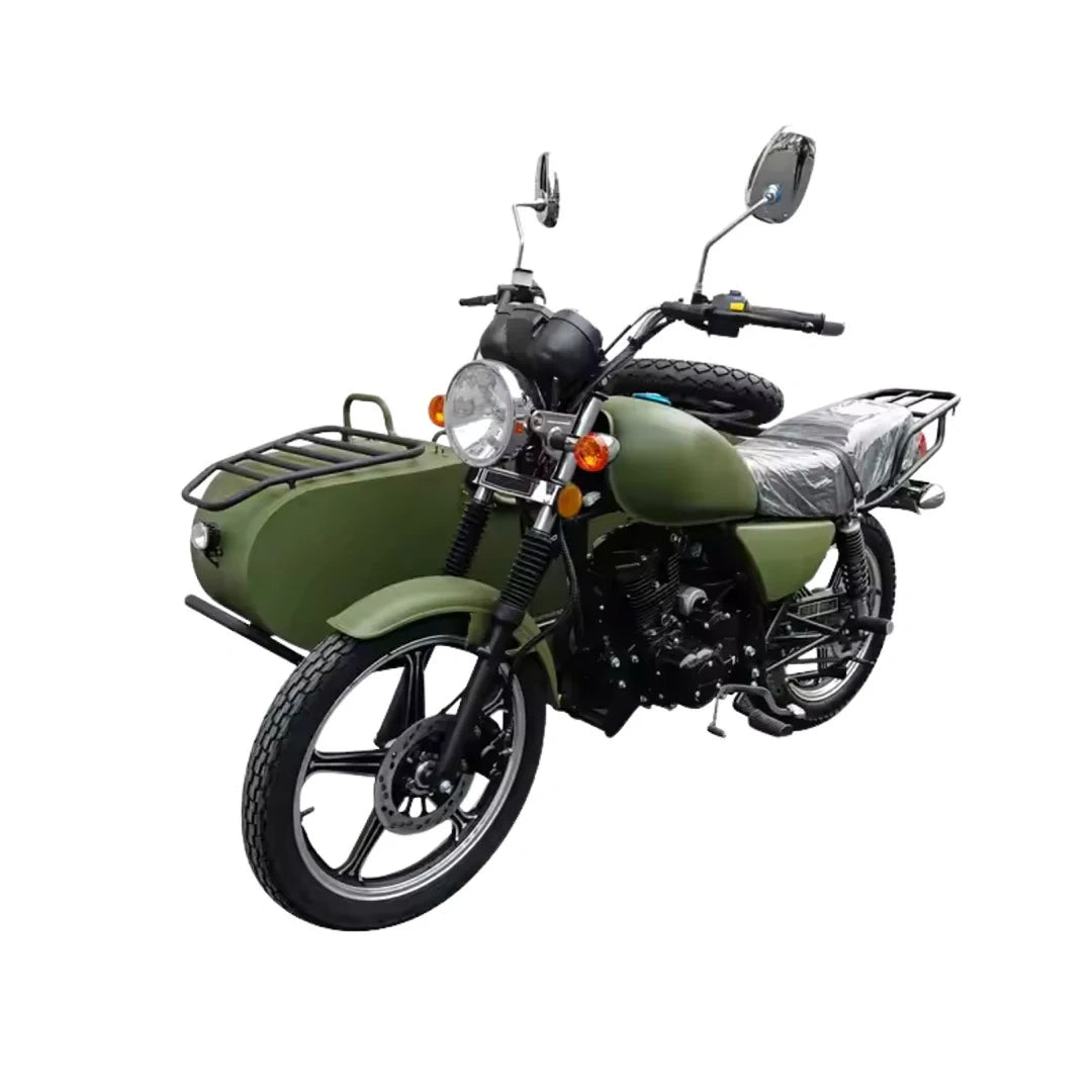 Green motorcycle with sidecar on a white background