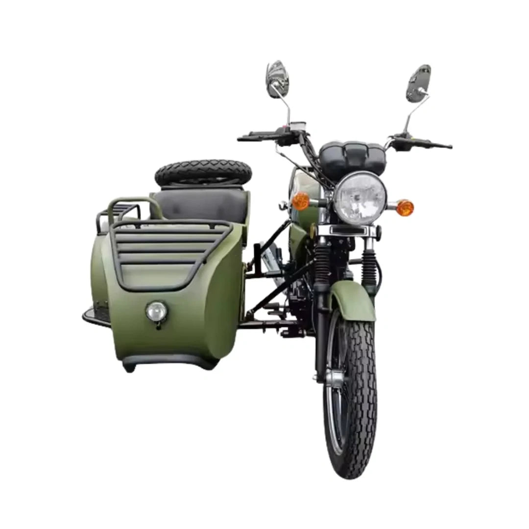 Green motorcycle with sidecar on a white background