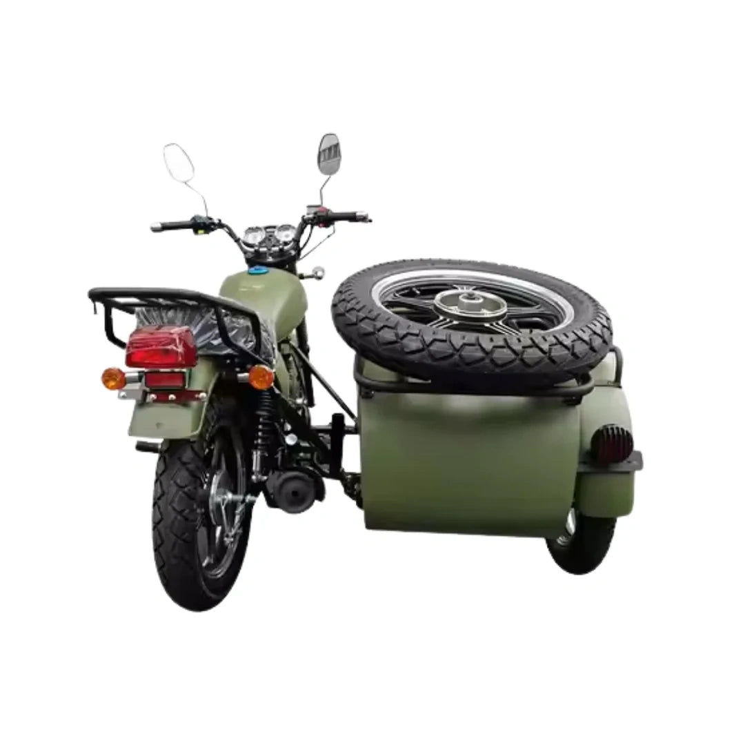 Green motorcycle with sidecar on a white background