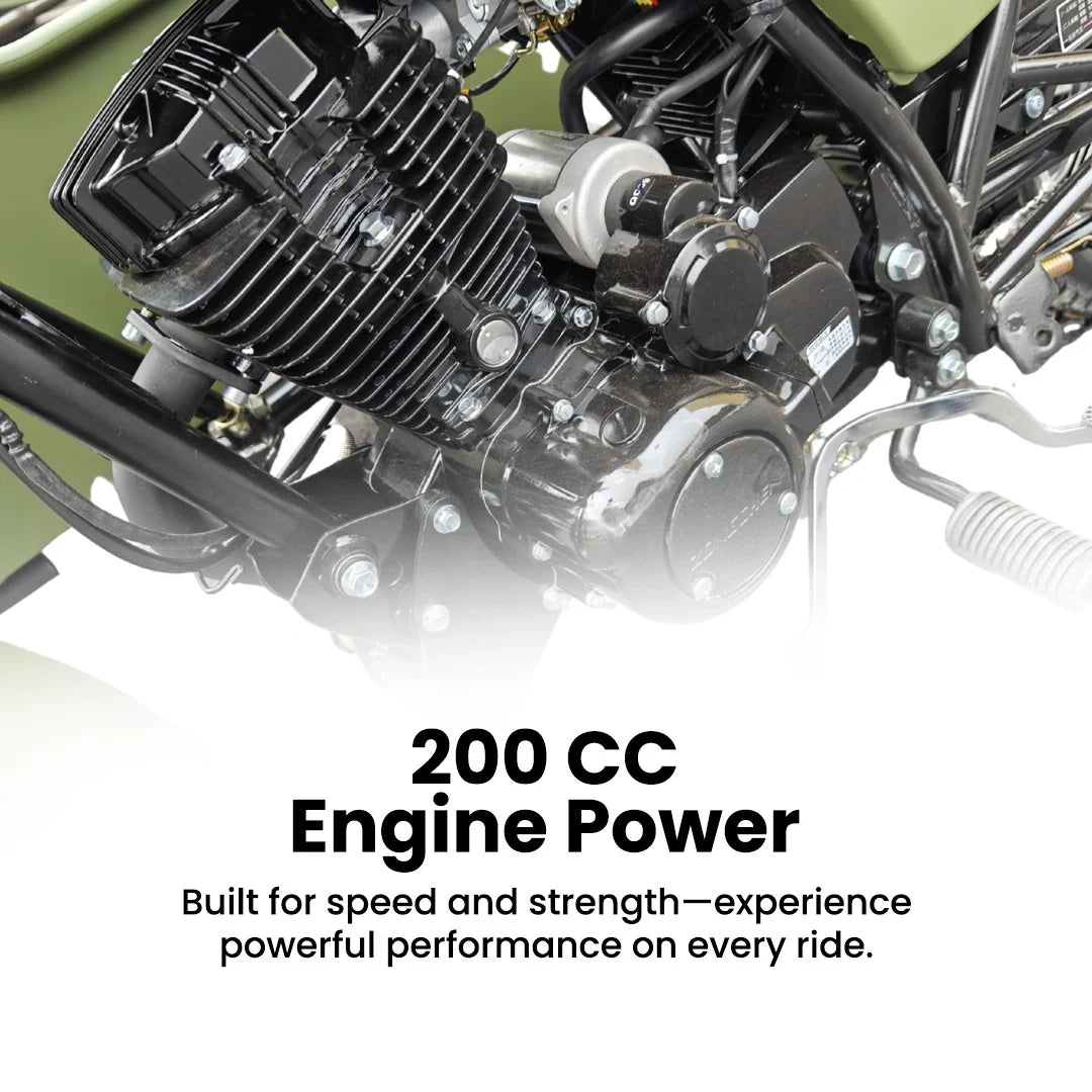 Motorcycle engine with text highlighting 200 CC engine power on a white background