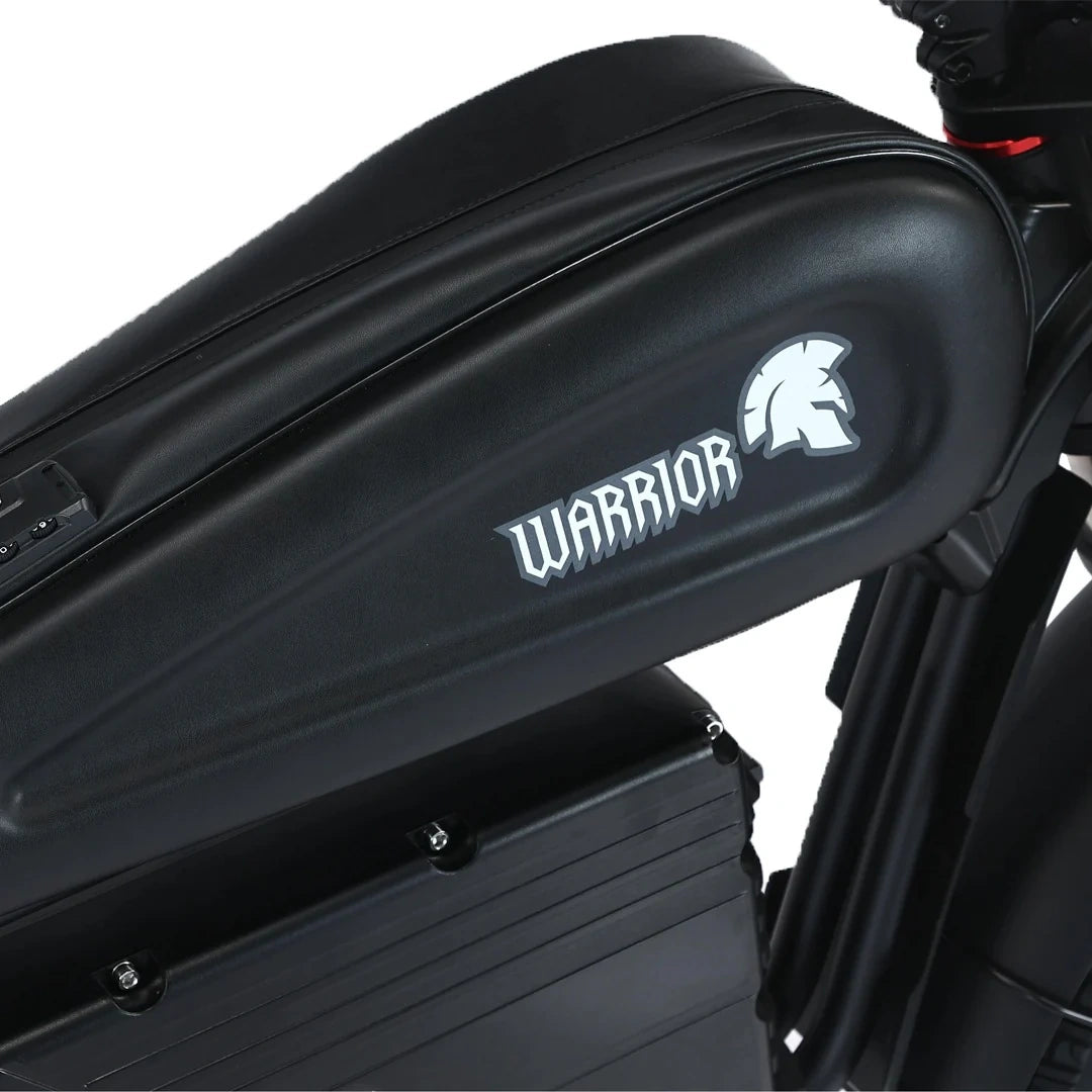 Black motorcycle seat with 'Warrior' logo on a white background