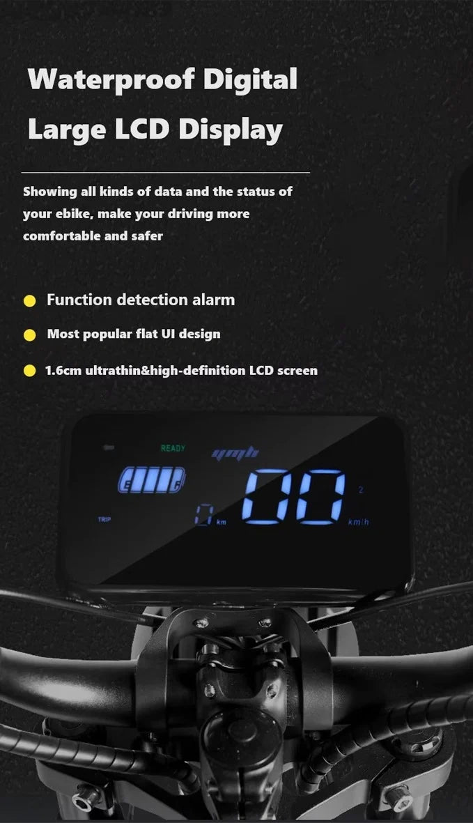 Digital display on a bicycle with text highlighting features