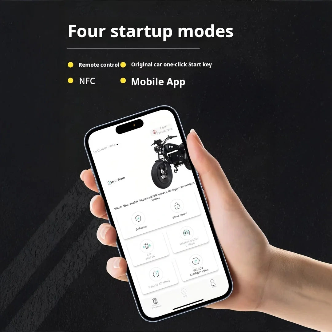 Hand holding a smartphone with an app interface displaying four startup modes on a black background.