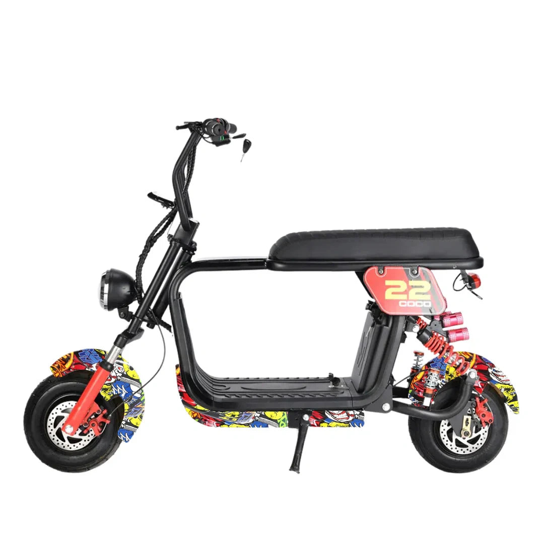 Black electric scooter with colorful design on wheels against a white background
