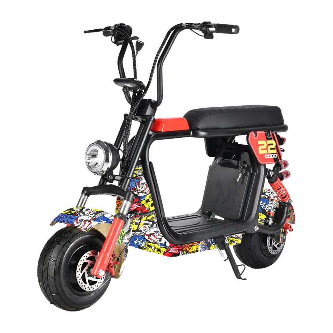 Colorful electric scooter with a black seat on a white background