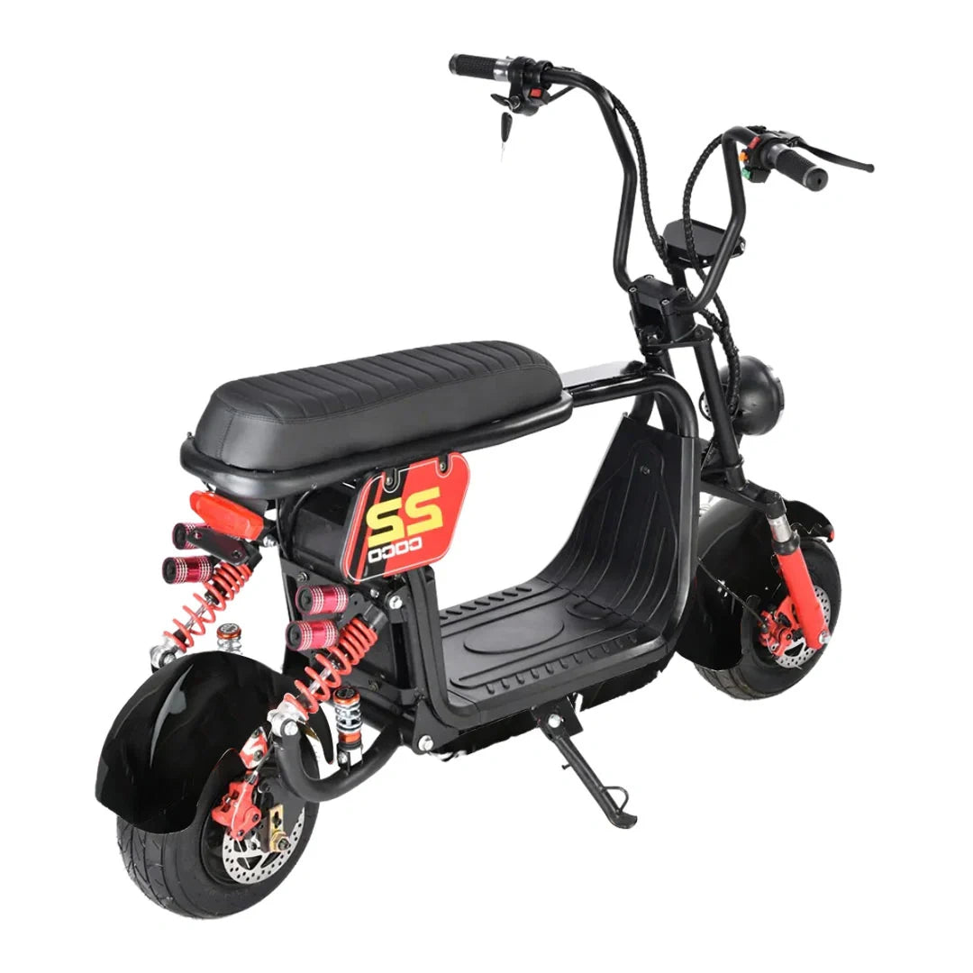 Black electric scooter with red accents on a white background