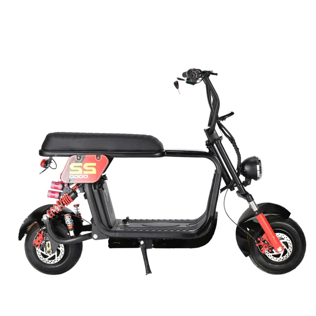 Black electric scooter with red accents on a white background
