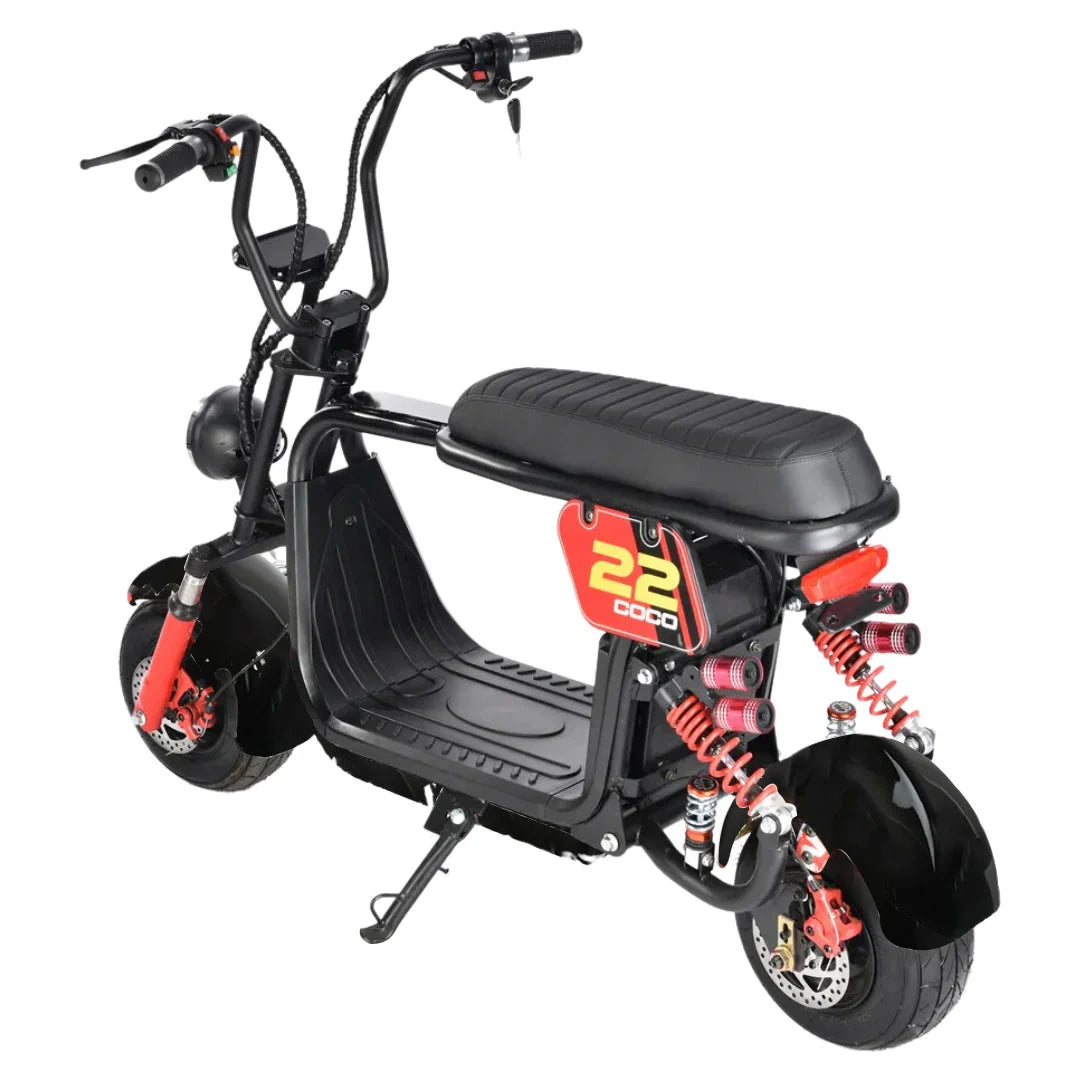 Black electric scooter with red accents on a white background