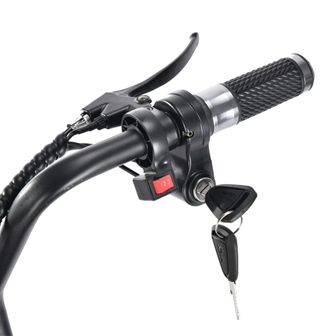 Close-up of a motorcycle handlebar with throttle and brake lever on a white background
