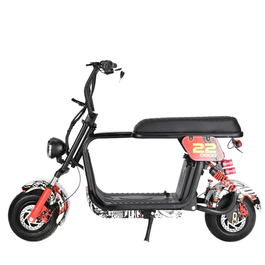 Black electric scooter with red accents on a white background