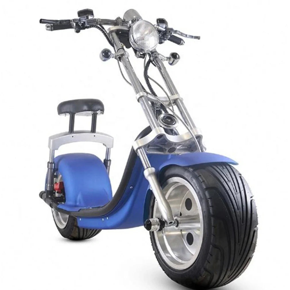 Blue and silver electric scooter on a white background