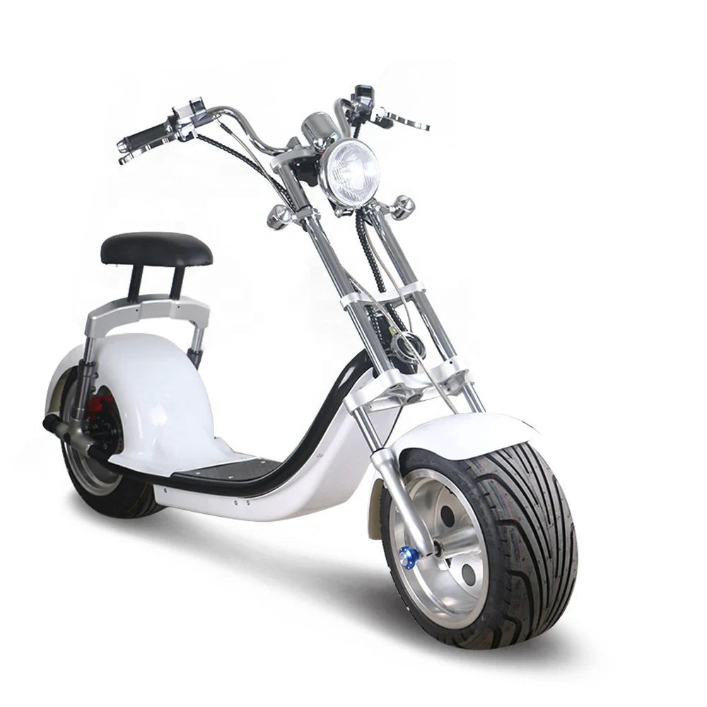 White electric scooter with chrome accents on a white background