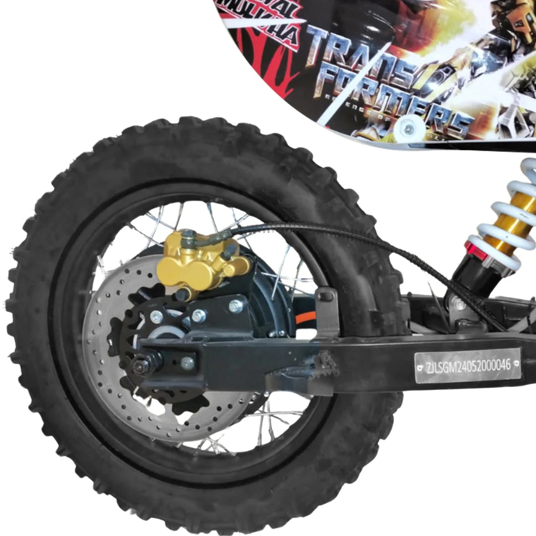 Close-up of a bike wheel with suspension fork, showing brand 'Transformer' in the corner.