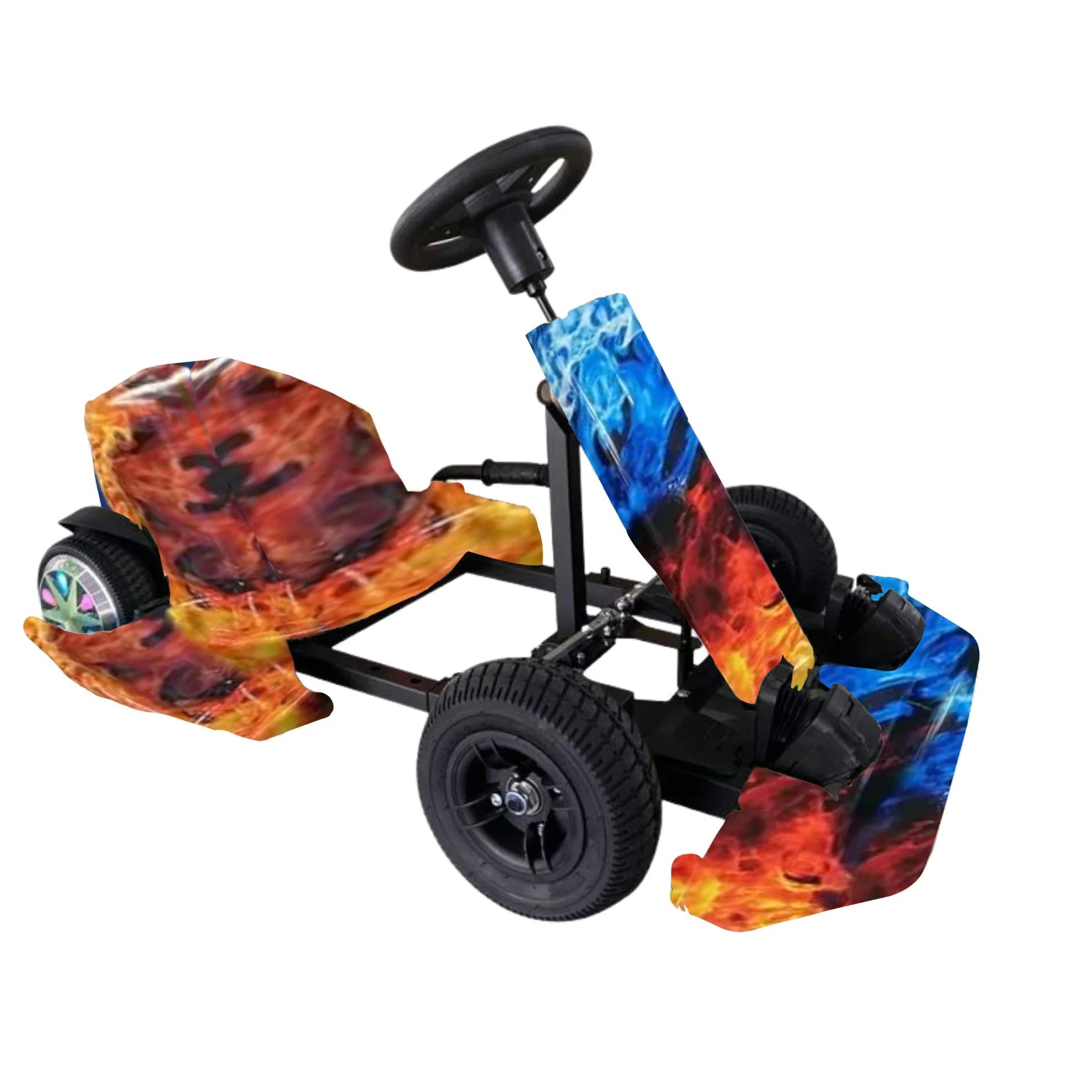 Colorful toy go-kart with flame design on a white background