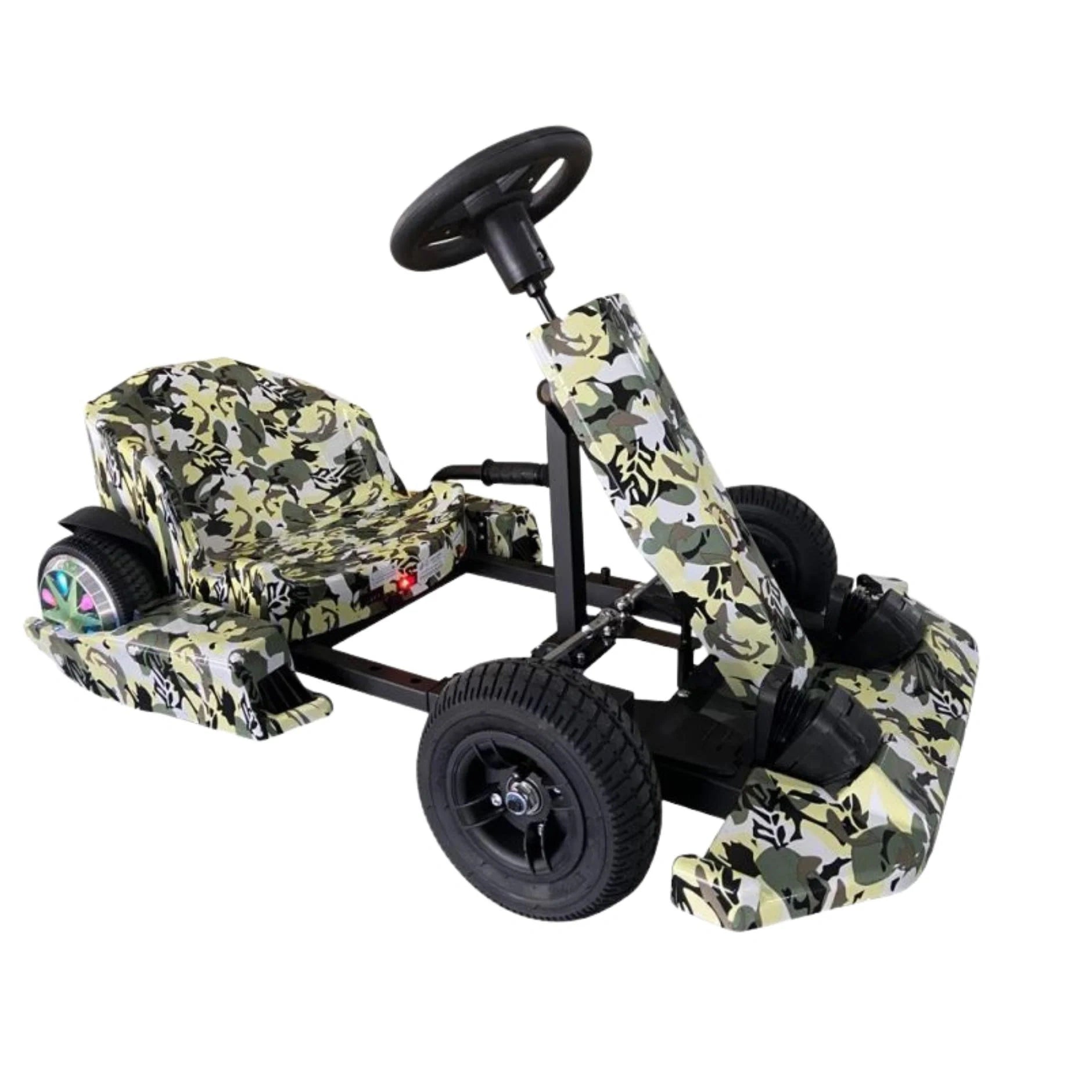 Camouflage-patterned go-kart on a white background