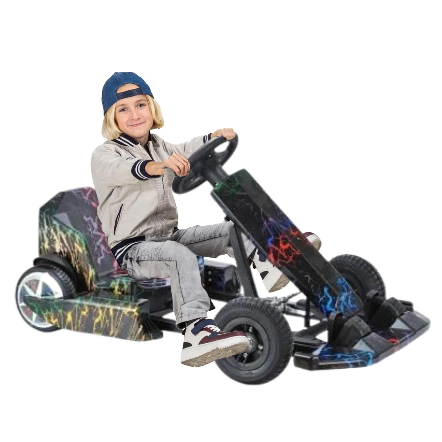 Child sitting in a toy go-kart with colorful design on a white background