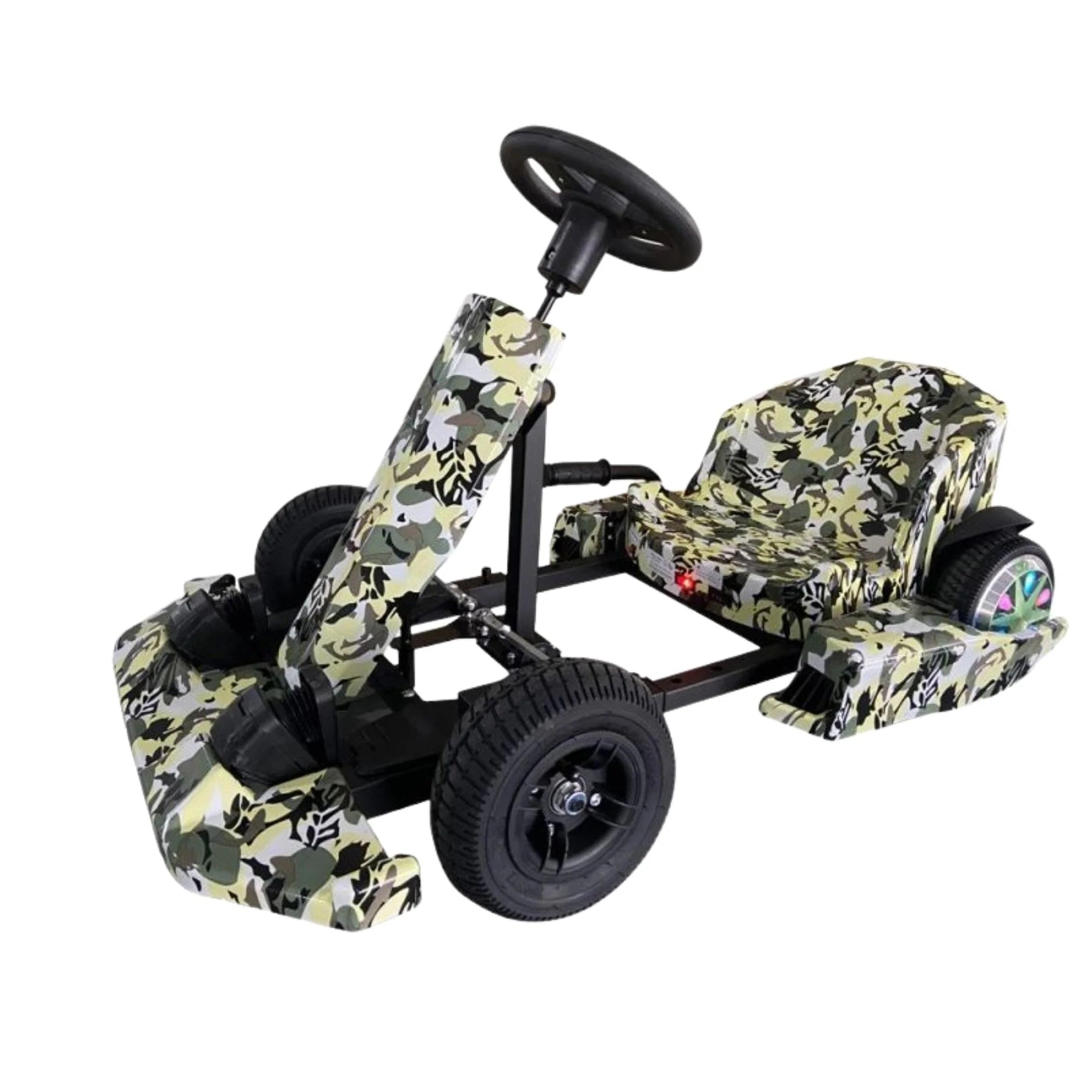 Camouflage-patterned go-kart on a white background