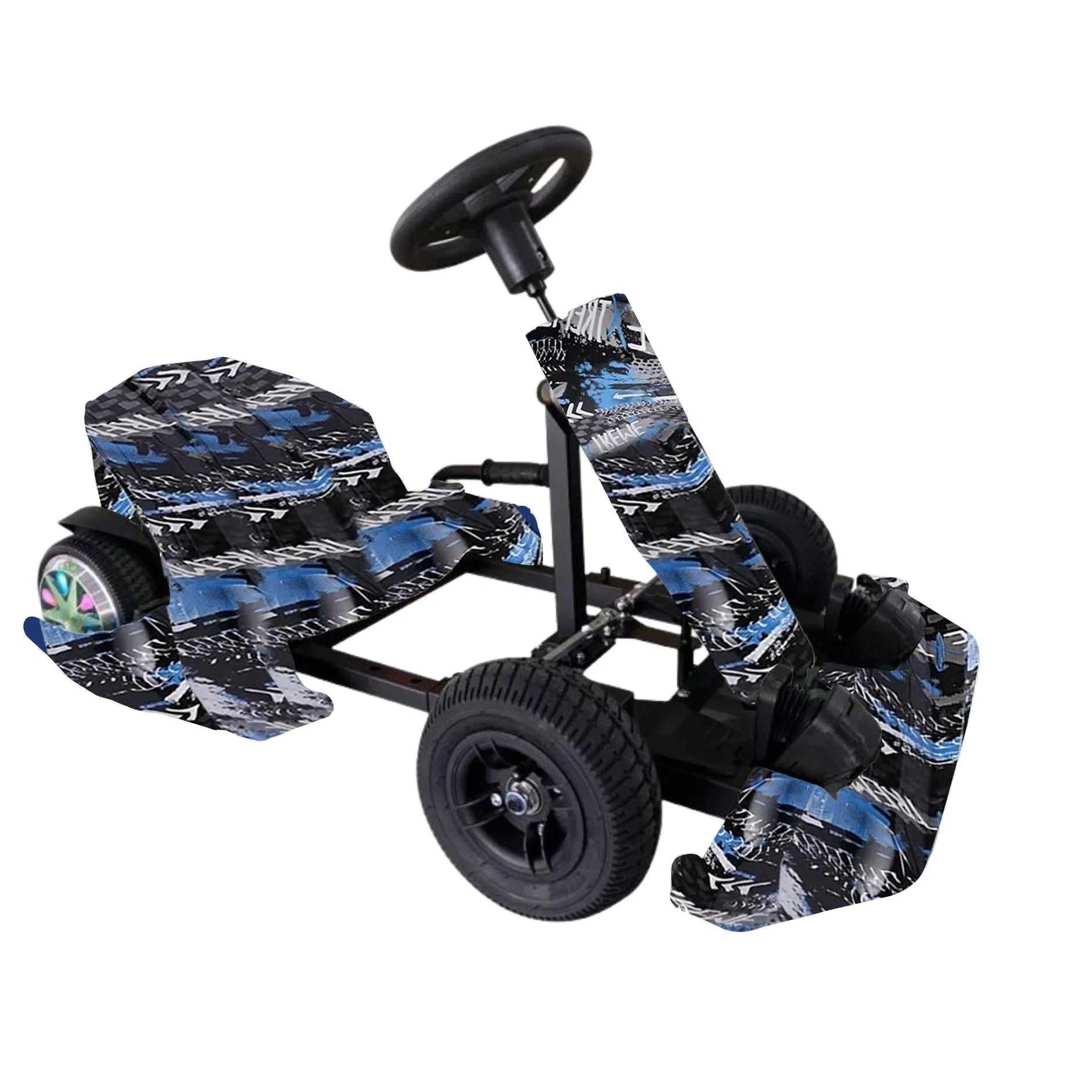 Children's go-kart with blue and black patterned seats on a white background