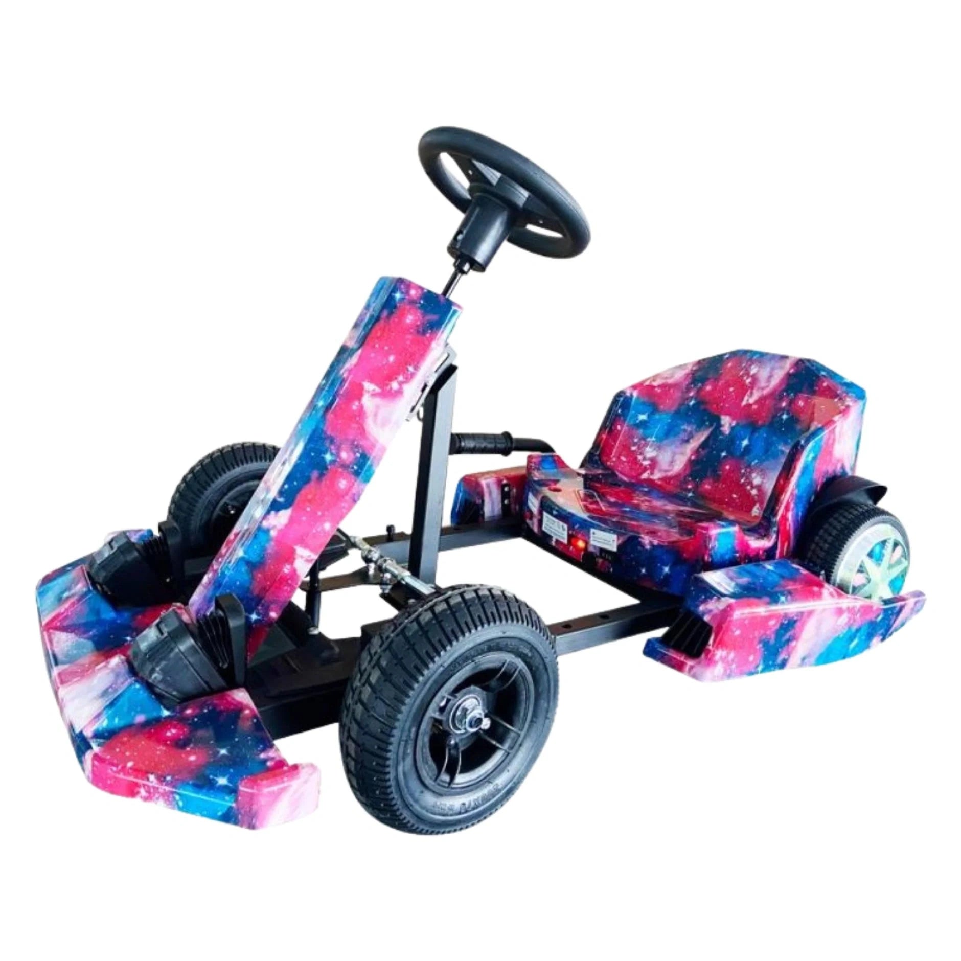 Colorful children's go-kart with a galaxy design on a white background