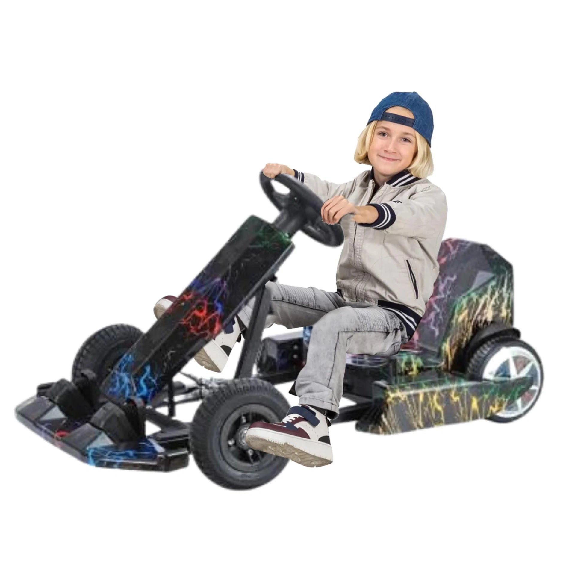 Child sitting in a colorful toy go-kart on a white background