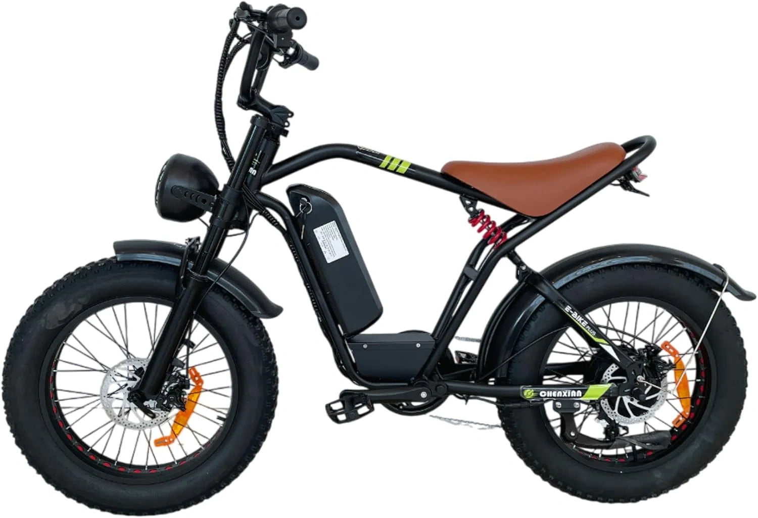 Black electric bike with a brown seat on a white background