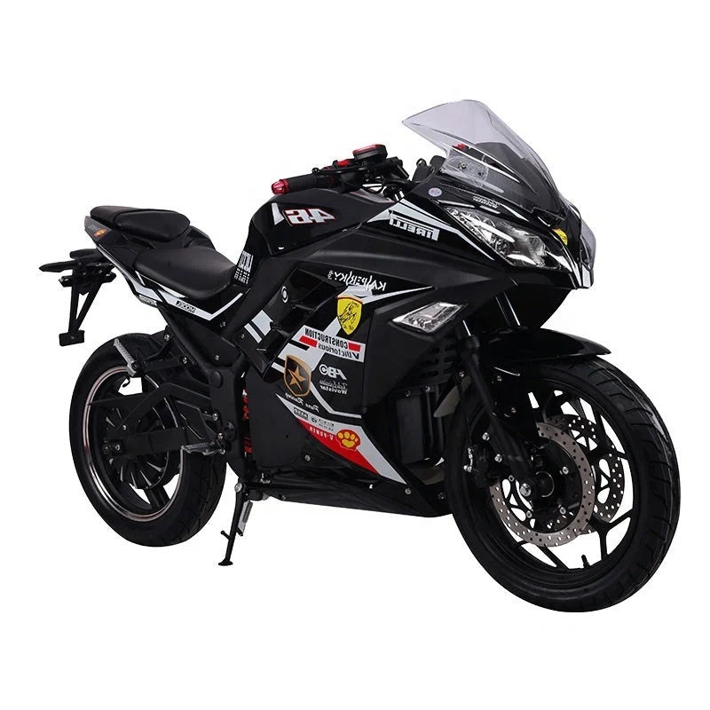 Black motorcycle with visible branding on a white background