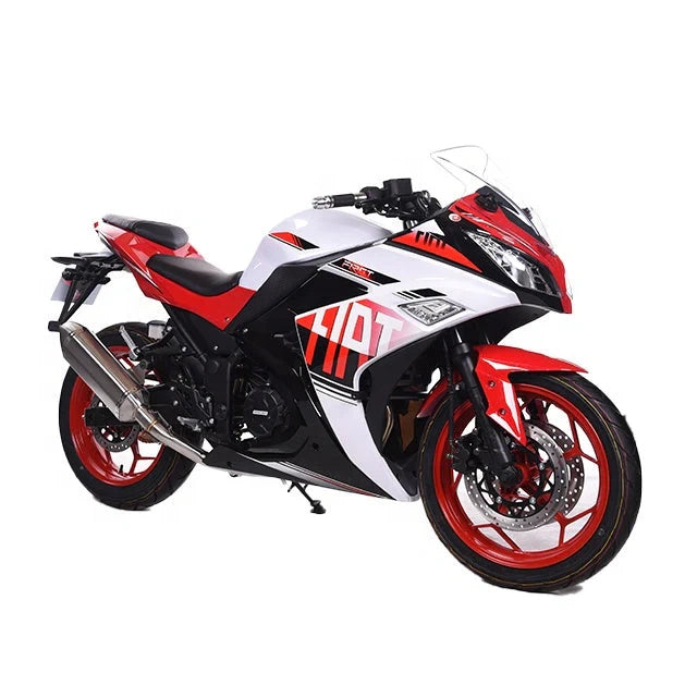 Red, white, and black motorcycle on a white background