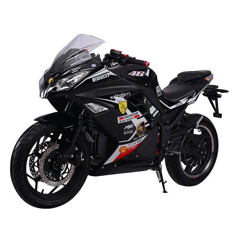 Black motorcycle with various sponsor logos on a white background