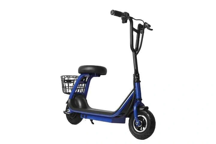 Blue electric scooter with a black seat and basket on a white background