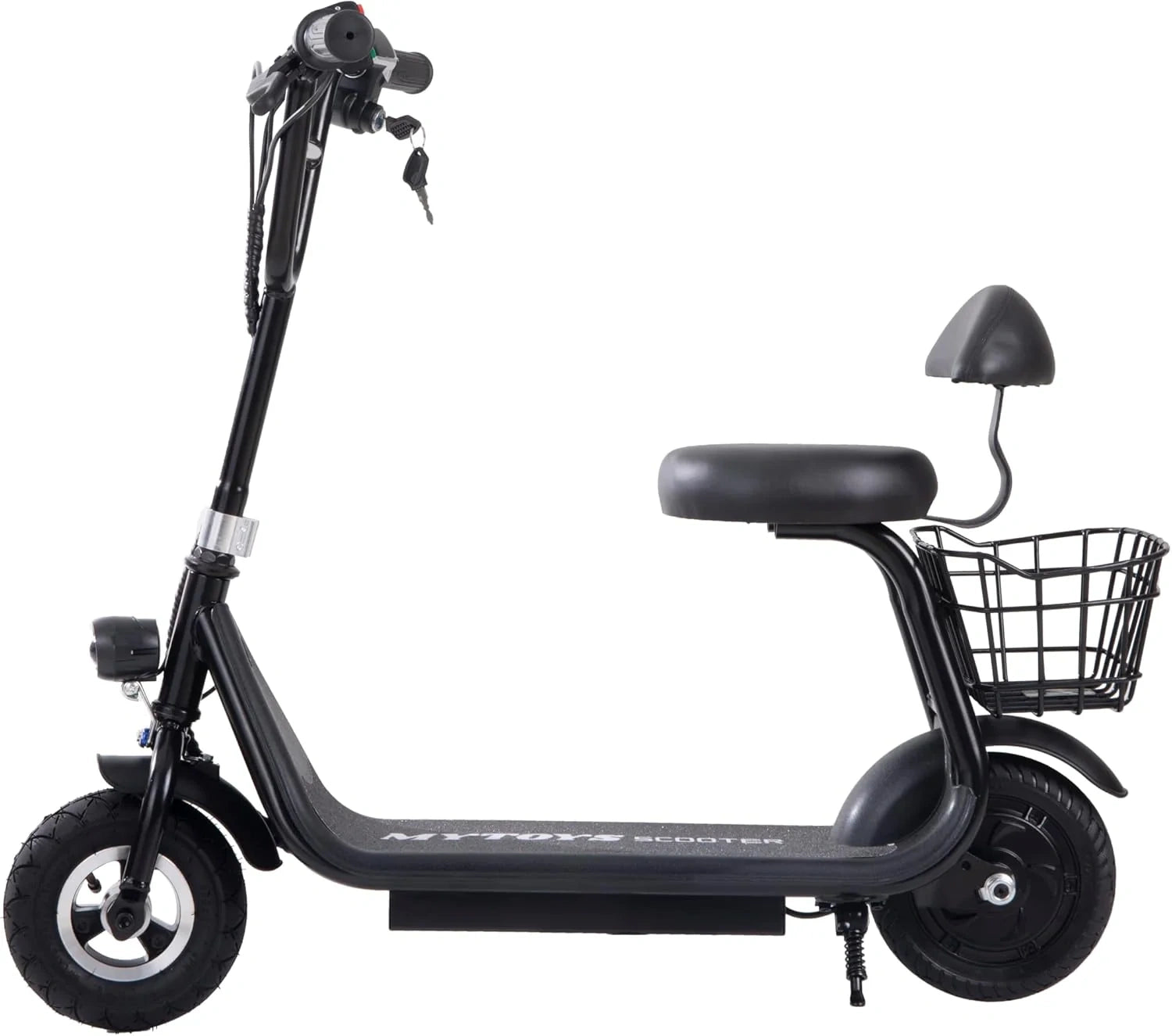 Black electric scooter with a seat and basket on a white background