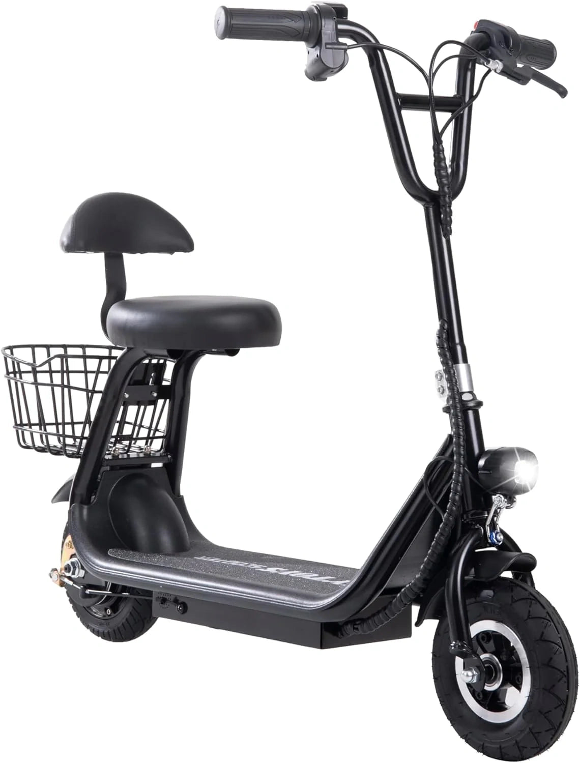 Black electric scooter with a seat and basket on a white background
