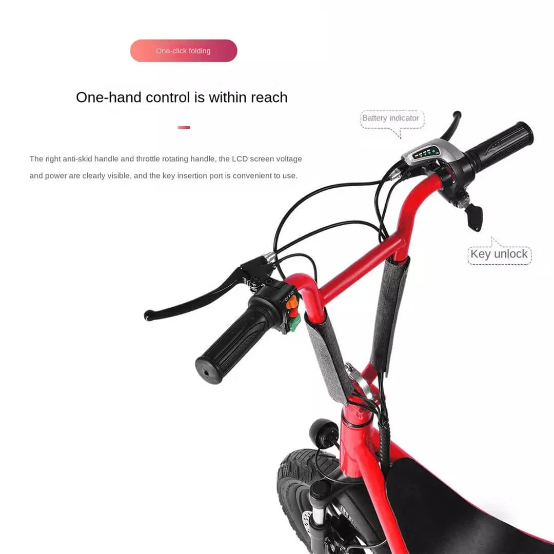 Close-up of a red electric bike with handlebar controls on a white background