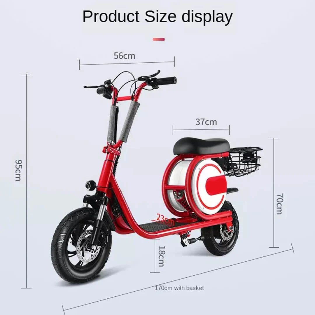 Red electric scooter with dimensions labeled on a light gray background