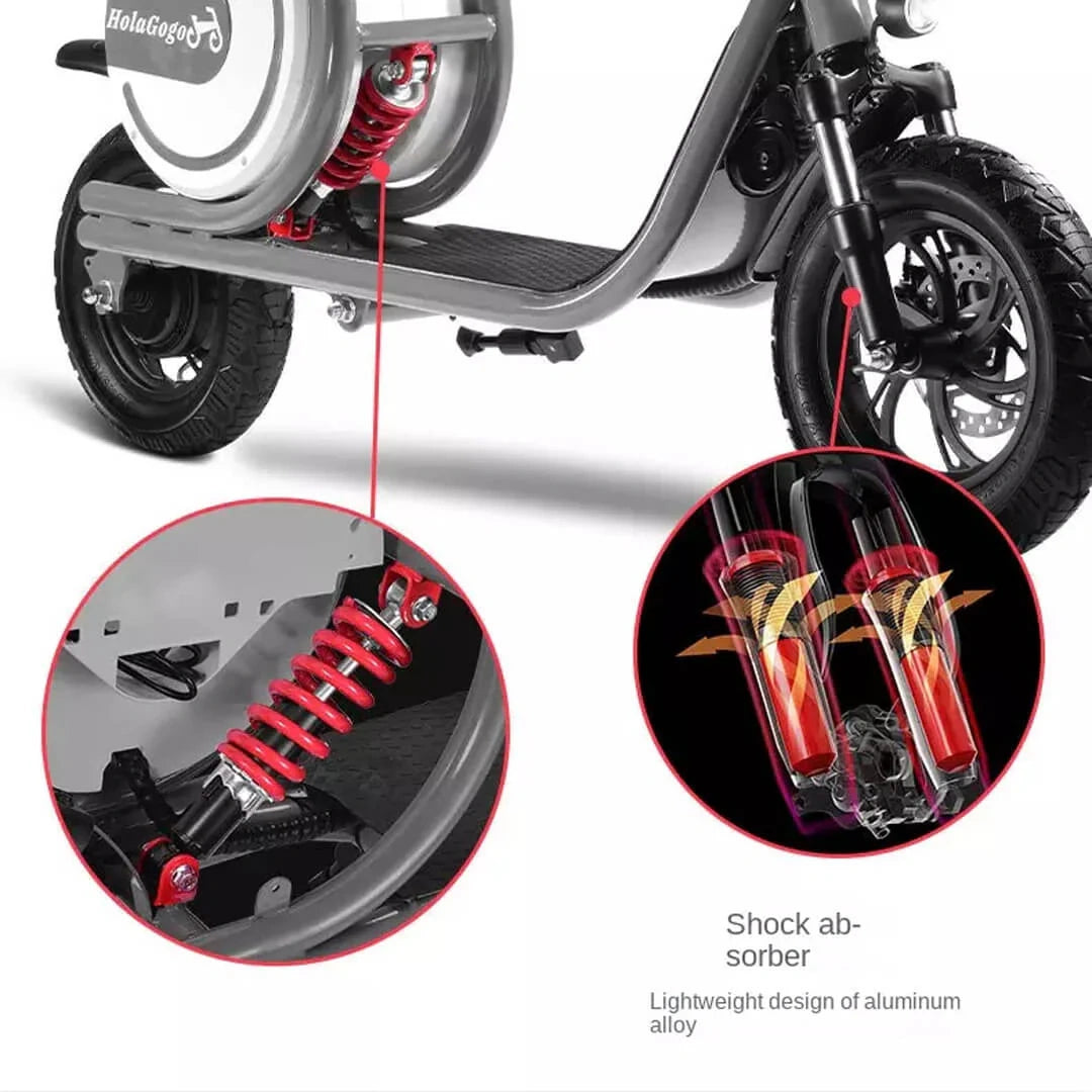 Close-up of a scooter with shock absorber details on a white background