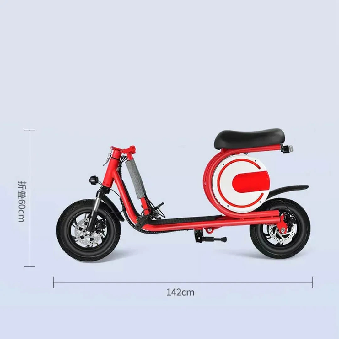 Red scooter with black seat on a light gray background