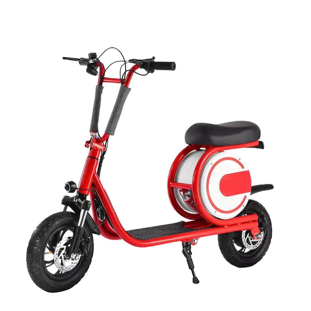 Red electric scooter with a black seat on a white background