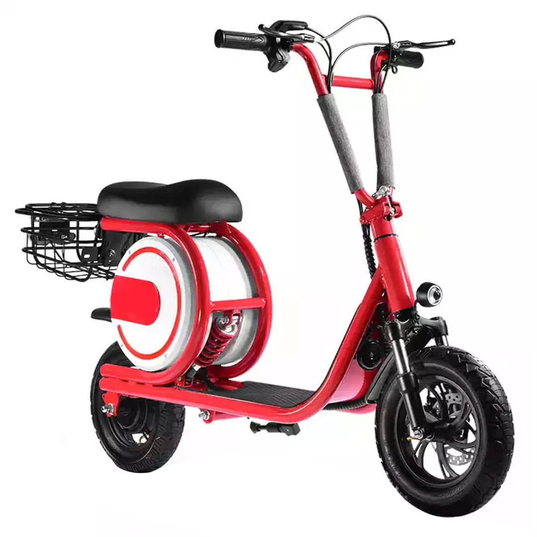 Red electric scooter with a black seat and basket on a white background