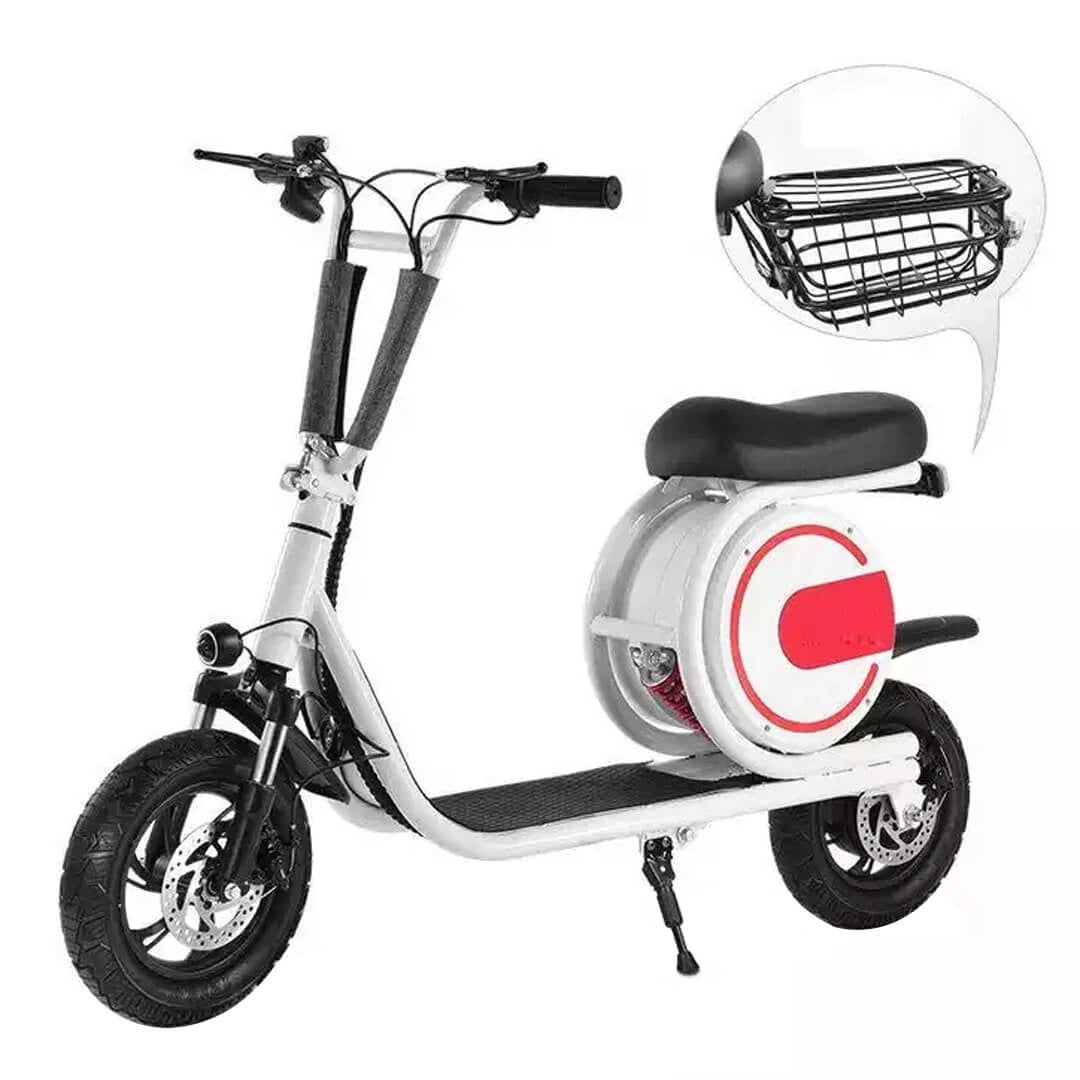 White electric scooter with black seat and basket on a white background