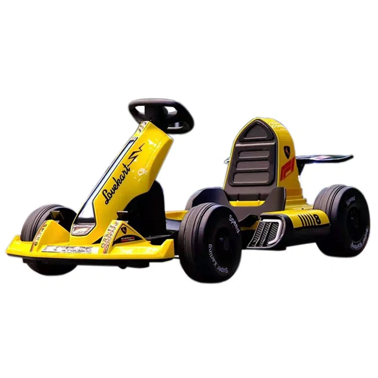 Yellow and black go-kart on a white background